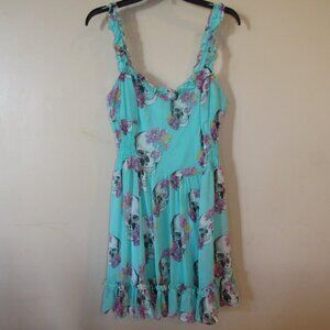 Royal Bones by Daang Aqua Blue Ruffle Dress Skull & Roses sz L Goth Fairy Boho